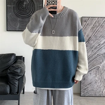 Корейский стиль, Мужской свитер контрастного цвета с круглым вырезом, Свободный Вязаный топ в полоску, Осенне-зимний Модный Повседневный пуловер, трикотаж E83