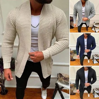 Новая мужская одежда, модный повседневный вязаный свитер с длинными рукавами и лацканами, мужская верхняя одежда