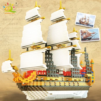 Серия модельных строительных блоков HUIQBAO Creative Mini City Pirate Ship, Приключенческий Плавучий дом, Алмазные кирпичи, Игрушки для детей, подарки