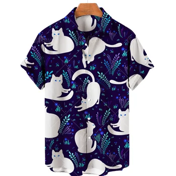 Новая рубашка с милым котом, Мужская Гавайская рубашка, Летний Повседневный топ, Свободная Простая рубашка большого размера, Женский однобортный топ на пуговицах 5xl