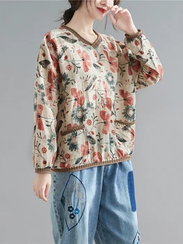 NYFS 2023, Весна-осень, Новые винтажные женские топы, Свободная хлопковая льняная футболка с V-образным вырезом и длинным рукавом с принтом