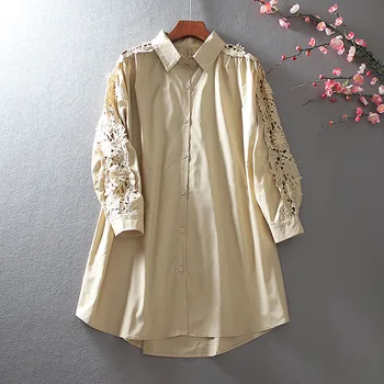 Женская весенне-летняя открытая Длинная хлопчатобумажная рубашка, женская свободная повседневная рубашка большого размера цвета хаки, блузка TB801