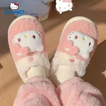 Sanrio Hello Kitty Kuromi Cinnamoroll Милая Плюшевая Обувь, Тапочки, Женские Домашние Хлопчатобумажные Тапочки, Теплые Зимние Рождественские Подарки Для Подружек
