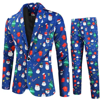 Мужской модный костюм с рождественским принтом, куртка, брюки, куртка, брюки, костюм из двух предметов, модные костюмы