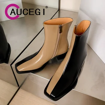 Модные женские ботильоны Aucegi с квадратным носком, новый тренд 2024 года, натуральная кожа, толстый каблук, весенне-осенняя обувь ручной работы для поездок на работу