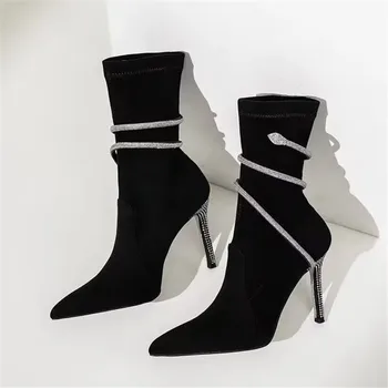 Сексуальные женские ботильоны с острым носком, дизайнерские модельные туфли без застежки на высоком каблуке, короткие пинетки со змеевидной обмоткой, женские туфли на выпускной шпильке